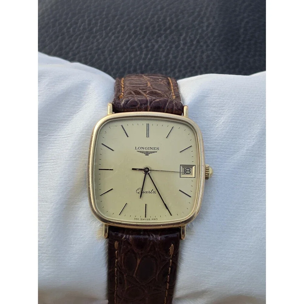 VTG Longines Golden TV Mens Watch Classical Champagne Dial Brown Leather Swiss